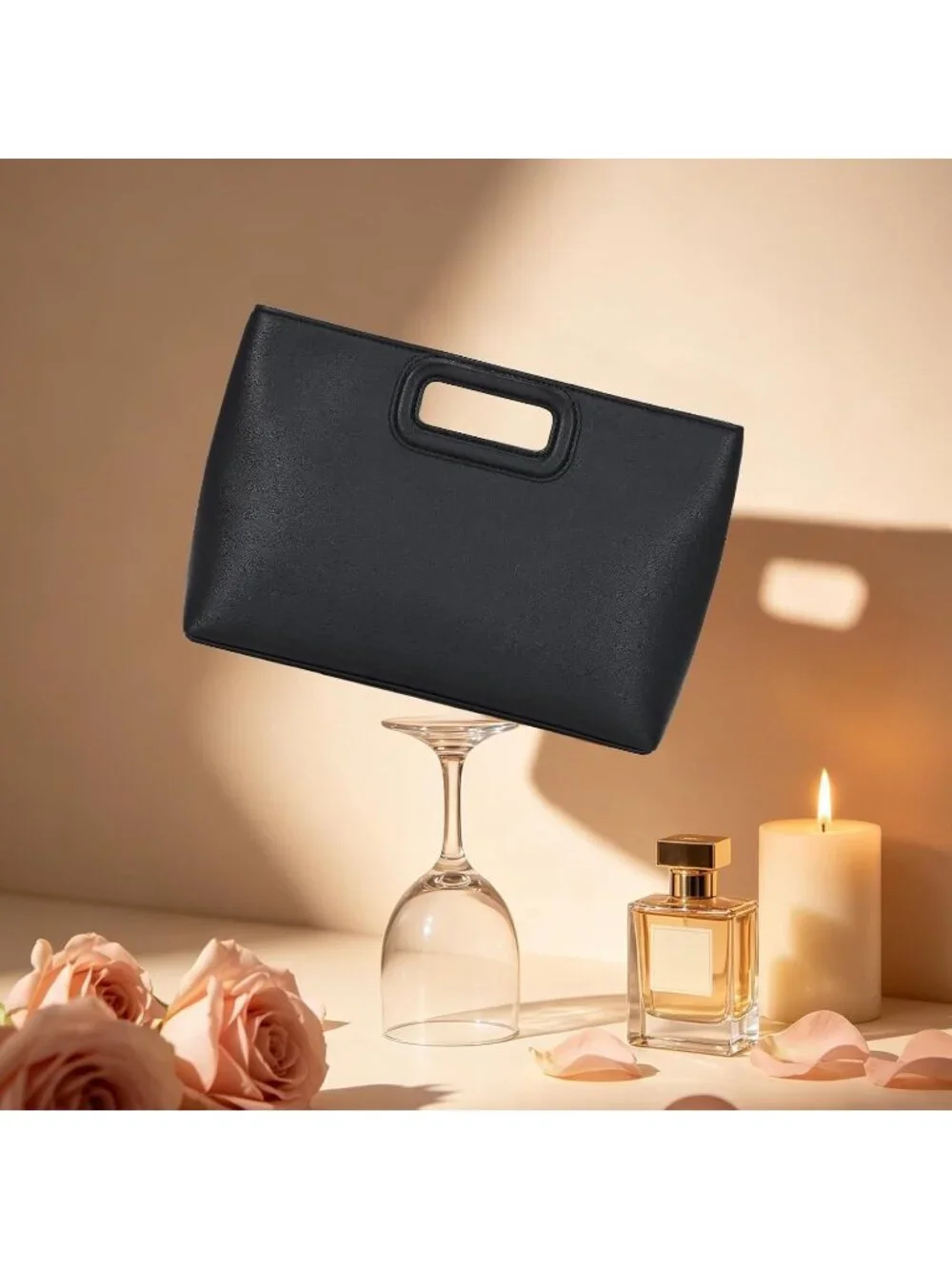 Women's Black Clutch Handbag Modern Faux Leather with Metal Handle Evening Bag